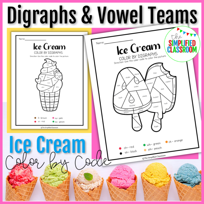 Color Code by Digraphs Vowel Teams Ice Cream Worksheets
