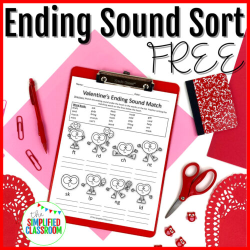 FREE Valentines Literacy Worksheet Ending Sounds Sort