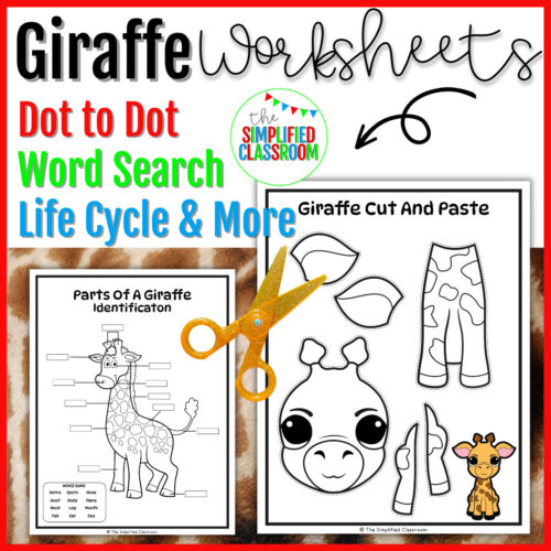 Giraffe Worksheet Activity Set for Kindergarten First or Second Grade Animals