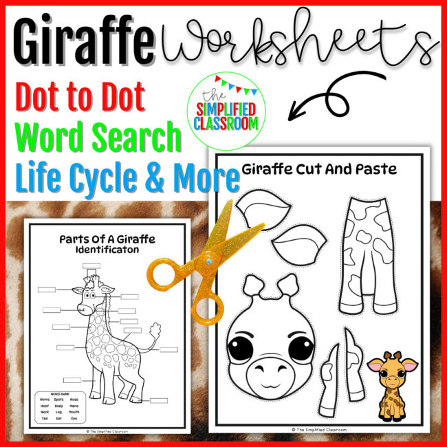 Giraffe Worksheet Activity Set for Kindergarten First or Second Grade Animals