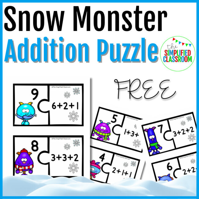FREE Snow Monster Addition Puzzle Center Activity