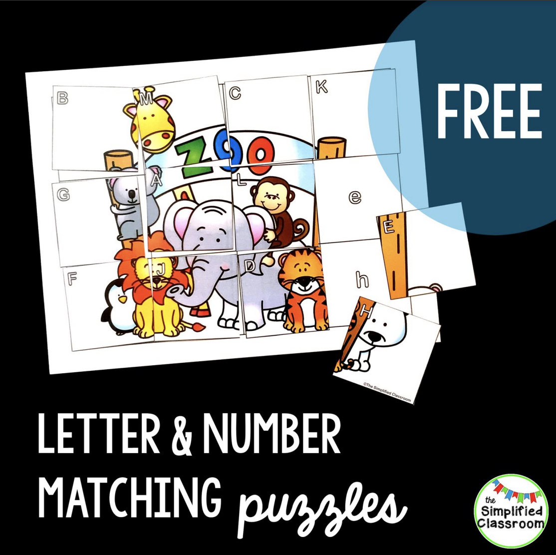 FREE Letter and Number Matching Puzzles Zoo Animals