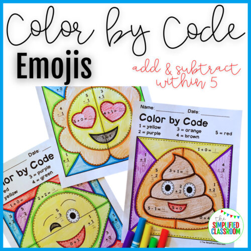 Color by Code Coloring Activities Emoji Emojis Addition and Subtraction within 5