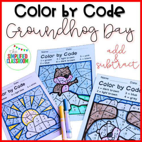 Color by Code Coloring Activities Groundhog Day Add Subtract to 15 Ground Hog