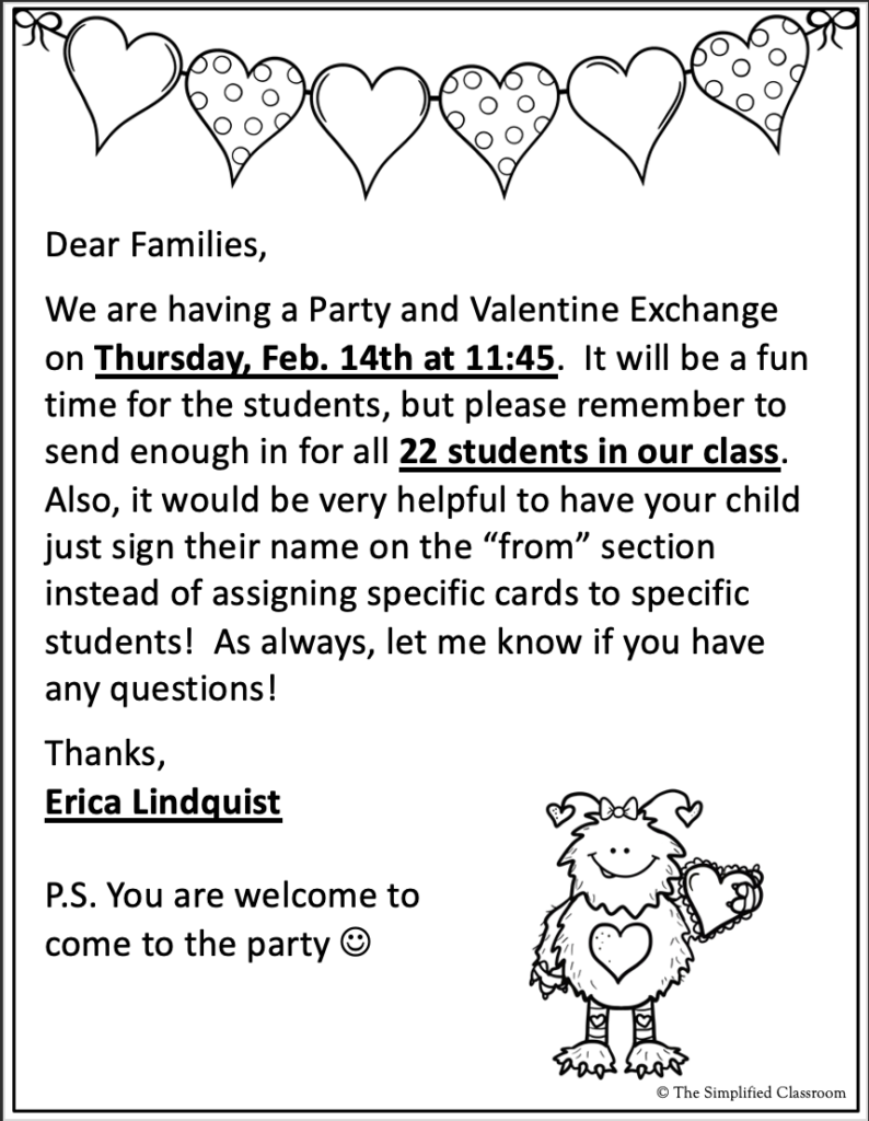 Editable Valentines Day Party Letter Home to Families and Parents for
