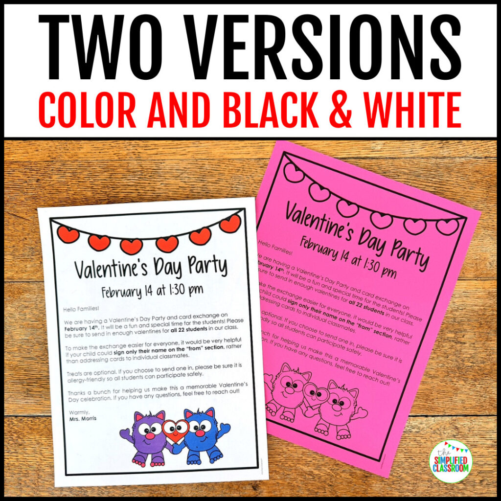 Valentines Day Party Letter to Parents Class - The Simplified Classroom