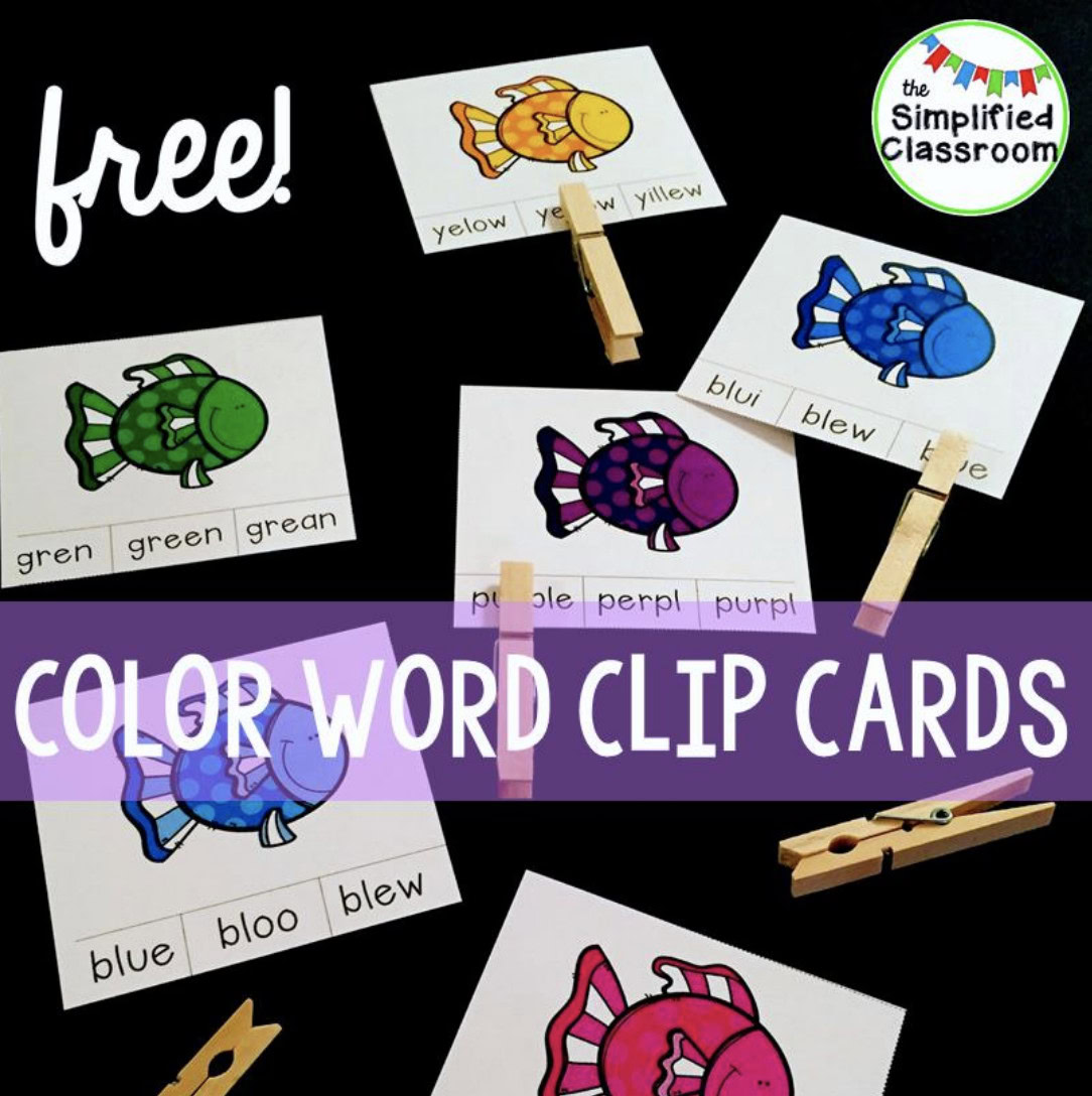 FREE Color Word Clip Cards Literacy Center