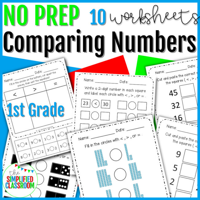 First Grade NO PREP Math Comparing Numbers Greater Than Less Than Worksheet Pack