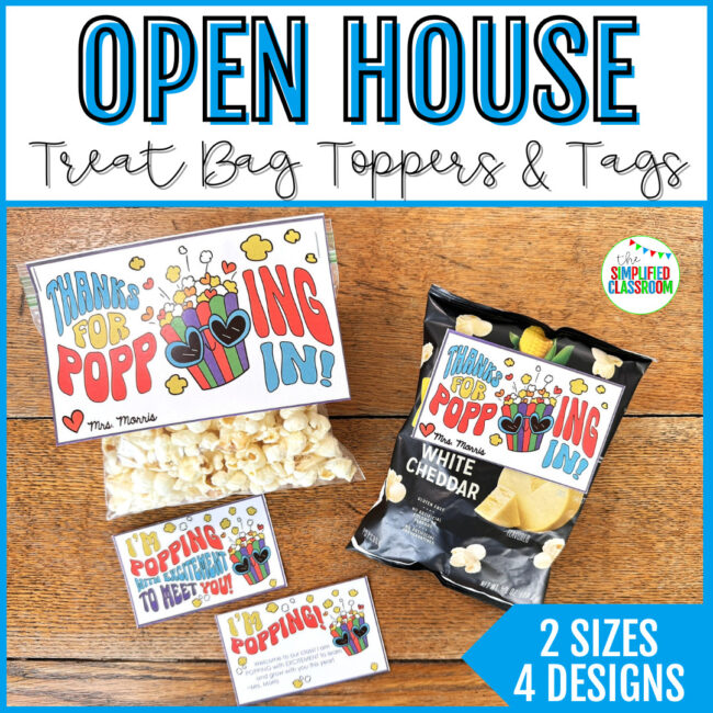 Customizable “Thanks for Popping In! [Teacher's Name]” gift tag designed for welcoming students and families.