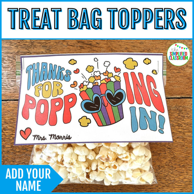 Customizable “Thanks for Popping In! [Teacher's Name]” gift tag designed for welcoming students and families.