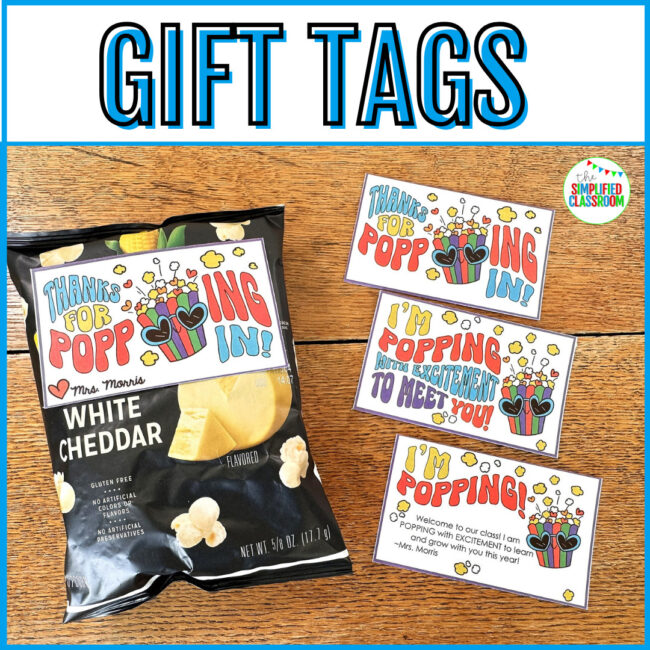 Customizable “Thanks for Popping In! [Teacher's Name]” gift tag designed for welcoming students and families.