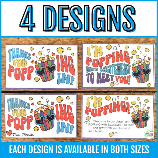 Customizable “Thanks for Popping In! [Teacher's Name]” gift tag designed for welcoming students and families.