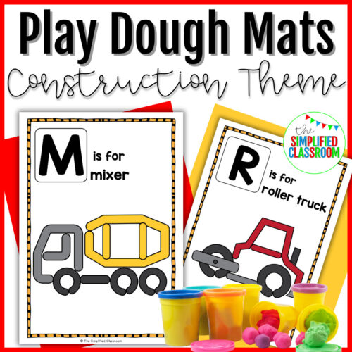 Collection of Construction Alphabet Play Dough Mats displayed on a table with play dough ready for use.