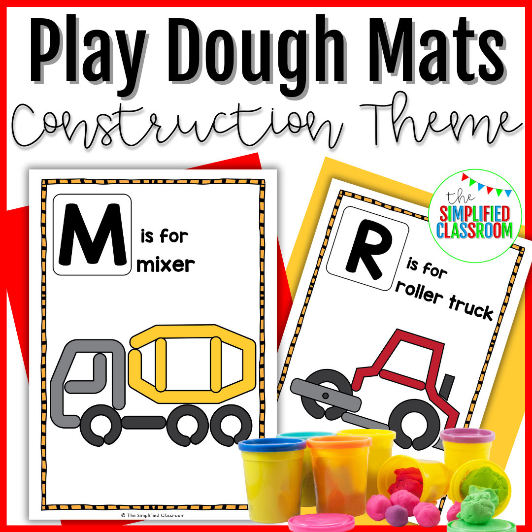 Collection of Construction Alphabet Play Dough Mats displayed on a table with play dough ready for use.