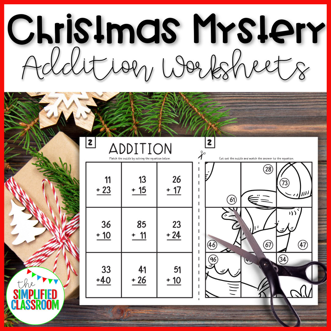 Printable Christmas Mystery Addition Worksheets where students solve addition problems to reveal a hidden holiday picture.