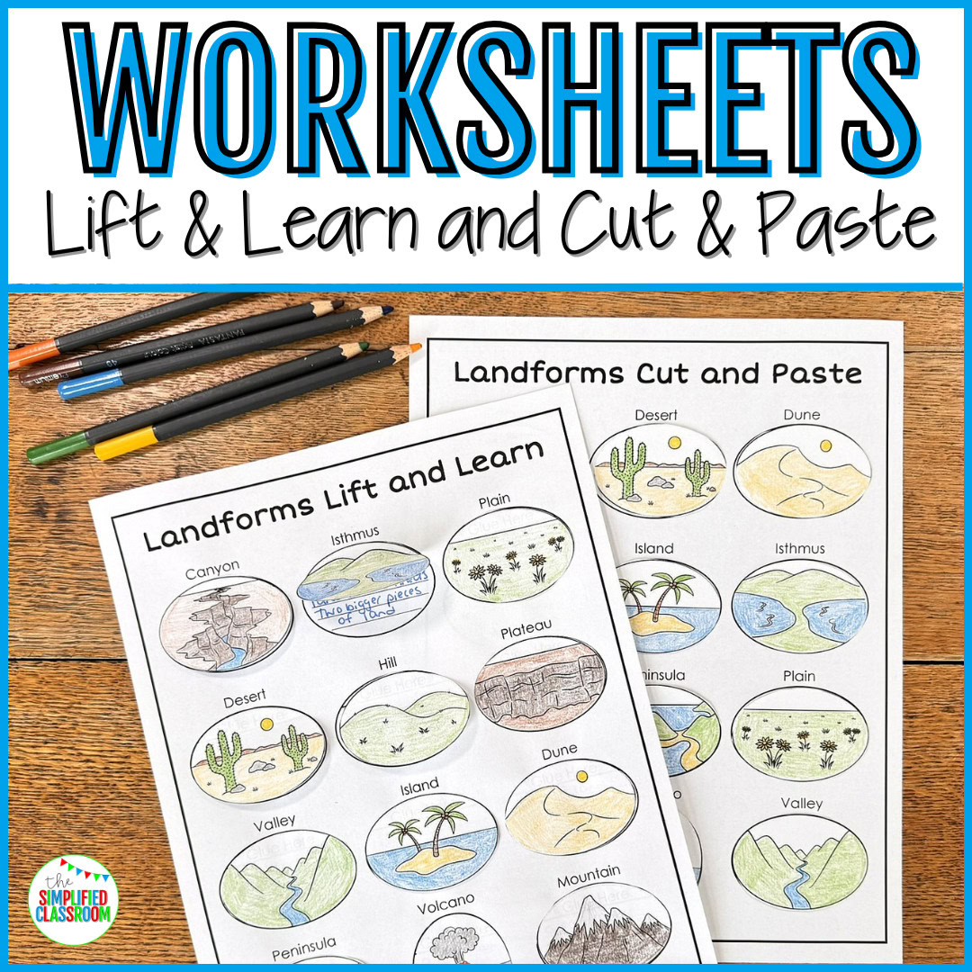 Printable landforms word search worksheet with grid of hidden words and themed illustrations for students to find key geography terms