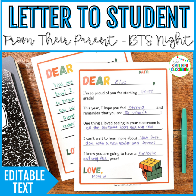Back to School Night Letter From Parents to Student - Open House Notes to Child