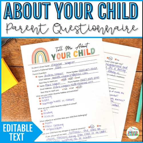 Tell Me About Your Child Parent Form - Back to School Night Parent Questionnaire