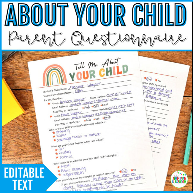 Tell Me About Your Child Parent Form - Back to School Night Parent Questionnaire