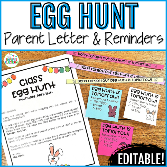 Easter Egg Hunt Parent Letter or Easter Party Letter to Parents Classroom Party