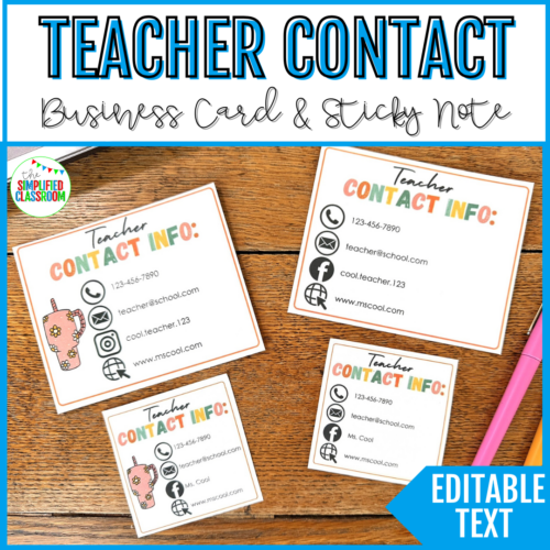Teacher Contact Information Cards Editable Teacher Business Cards Back to School