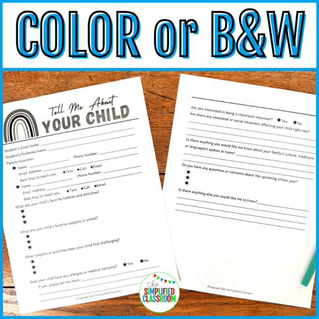 Tell Me About Your Child Parent Form - Back to School Night Parent Questionnaire - Image 2