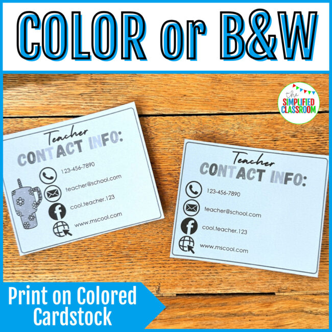 Printable teacher contact information cards for students and parents