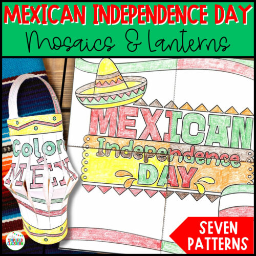 Printable Spanish crafts resource featuring lanterns and group coloring poster for Mexican Independence Day