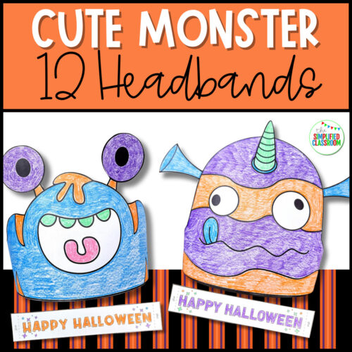 Printable Happy Halloween Hat craft template featuring monster crown and headband designs for kids to color, cut, and wear during classroom Halloween parties.