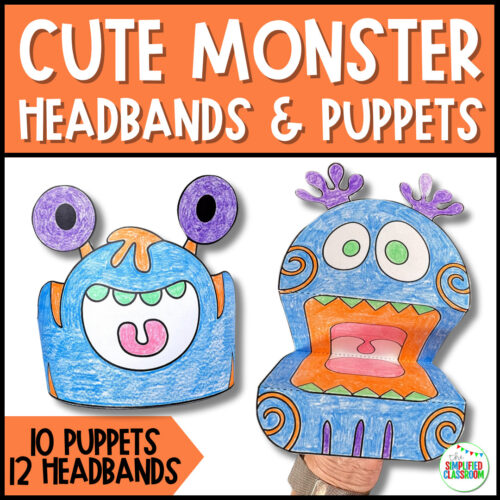 Printable Halloween monster craft puppets and headbands for students to color, cut, and assemble for classroom fun and storytelling.