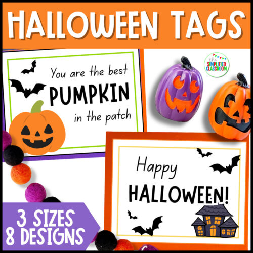 Printable Halloween gift tags from teacher with cheerful Halloween designs for classroom treat bags or student cards.