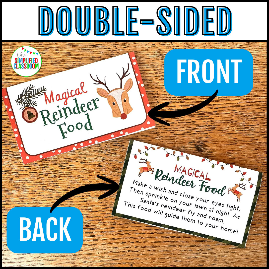Reindeer food tag printable with cute holiday graphics and poem