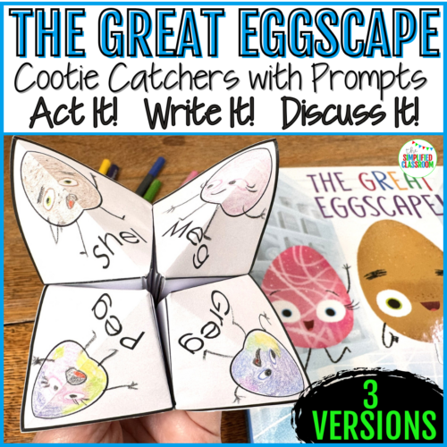 Cootie catcher Easter literacy activity bundle featuring The Great Eggscape writing craft and printable Easter fortune teller activities for early elementary students as no prep spring literacy centers and Easter classroom celebrations