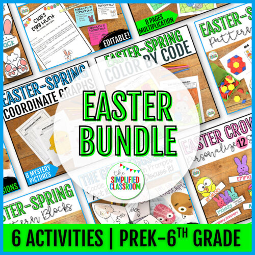 Easter activity bundle for early elementary featuring The Great Eggscape craft Easter bunny crown headband egg hunt parent letter and spring tangrams pattern block mats for no prep printable classroom Easter celebrations and spring math centers