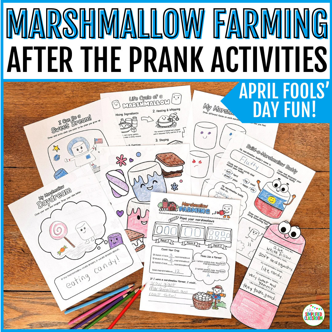 April Fools Day activity printable marshmallow farming prank worksheets for first and second grade featuring no prep spring classroom activities and funny April 1st worksheets for early elementary students