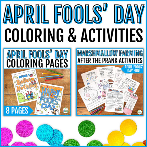 April Fools Day for teachers printable bundle featuring marshmallow farming prank follow-up worksheets and April Fools Day coloring pages for kindergarten first second and third grade no prep spring classroom activities